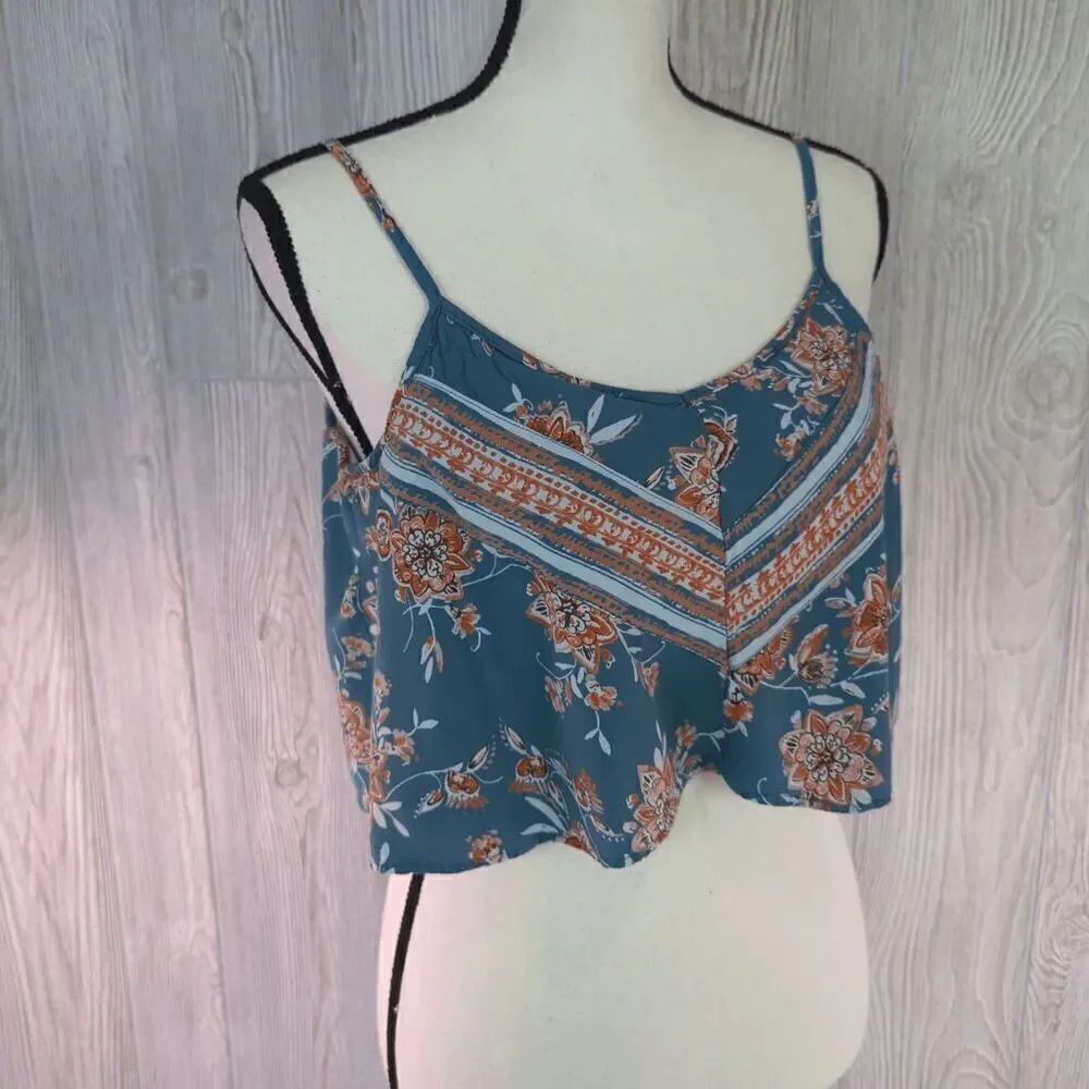 Angie Women's Small Blue Orange Floral BOHO Cropped Top Shirt Sleeveless
